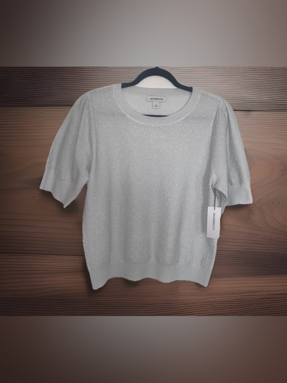 Liz Claiborne Women’s Silver Shimmer Puff Sleeve Knit Top Size L Blouse NWT